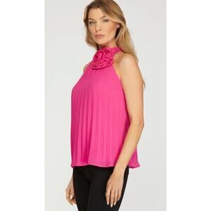 She + Sky - Rosette Halter Neck Pleated Woven Top - Small